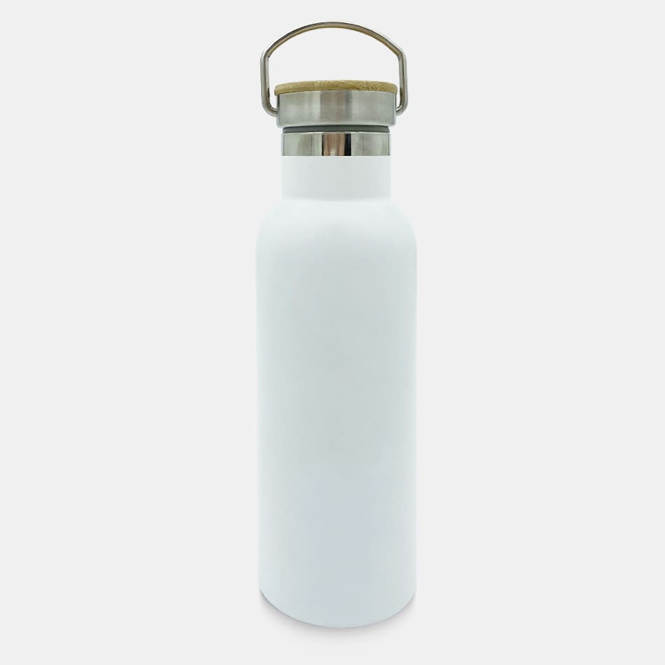 A drink bottle in white with a metal lid and wooden handle, featuring a logo on the front.