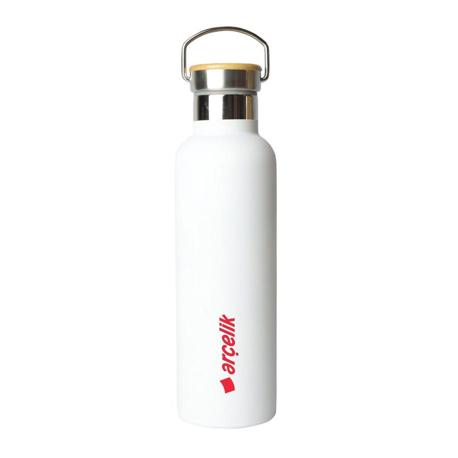 A drink bottle in white with a stainless steel lid and a wooden top, featuring a logo.
