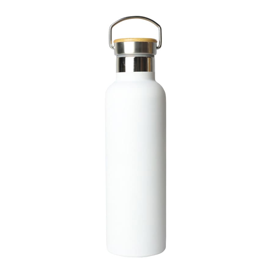 A drink bottle in white with a stainless steel top and a wooden cap, featuring a logo.