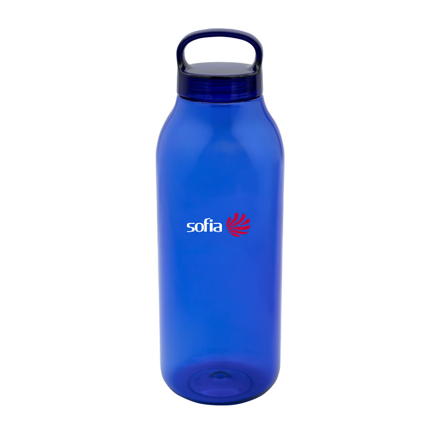 A drink bottle in vibrant blue with a handle and a logo. Suitable for various beverages.