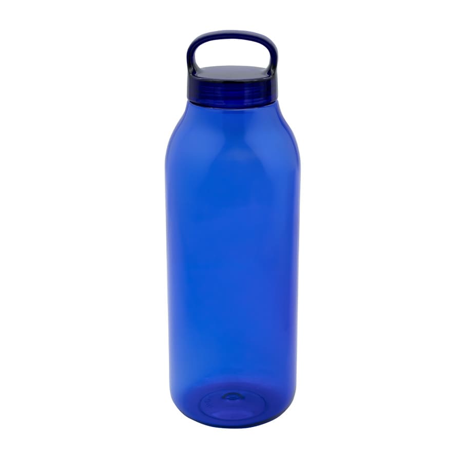 A drink bottle in a vibrant blue colour, featuring a handle and a wide body design. It has a logo on the front.