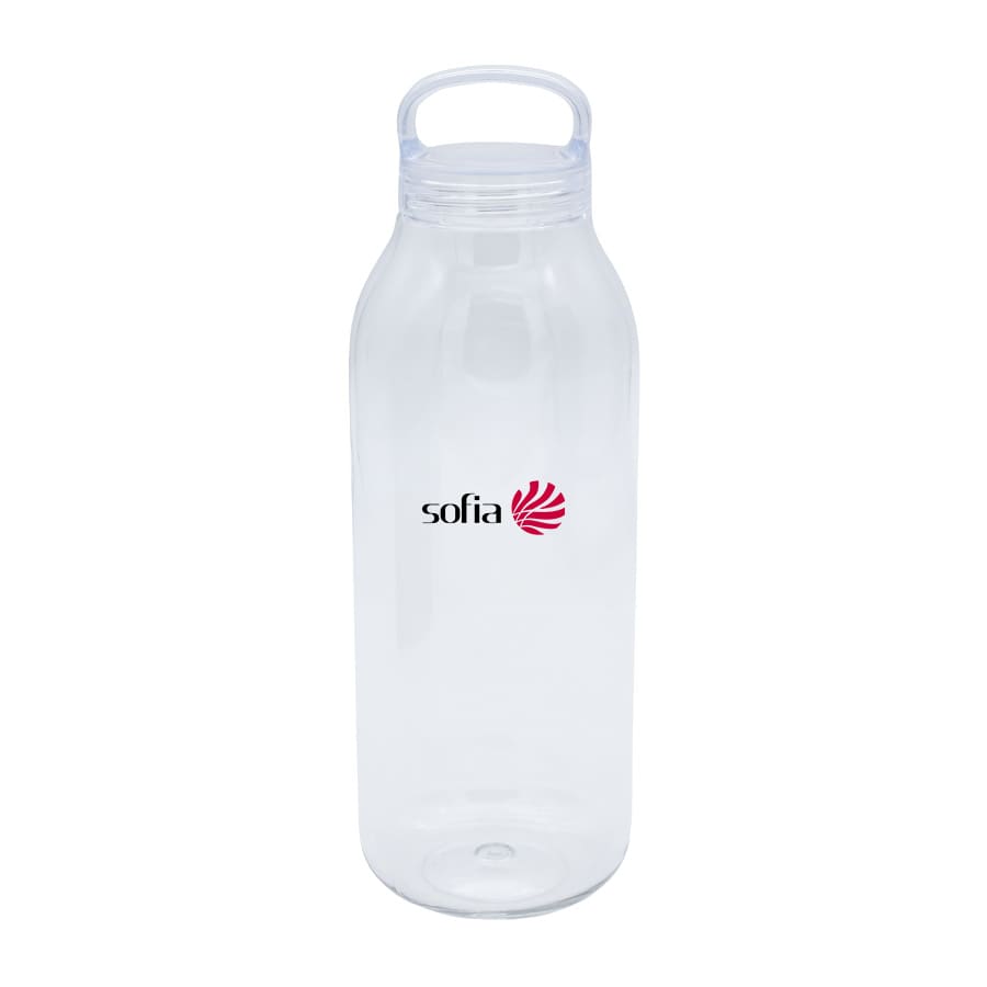 A drink bottle in clear plastic with a handle, featuring a logo on its side.