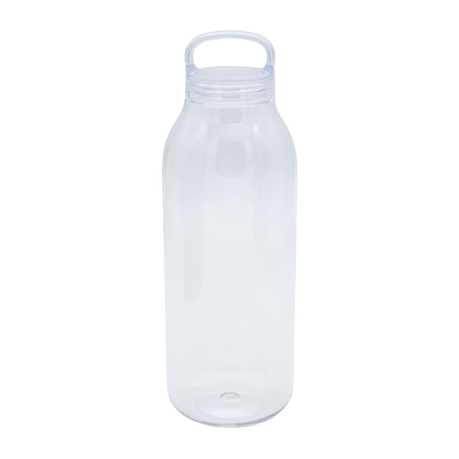 A drink bottle made of clear material with a handle, featuring a simple and sleek design.