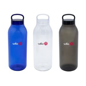 A drink bottle set featuring three RPET bottles in blue, clear, and grey, each with a logo.