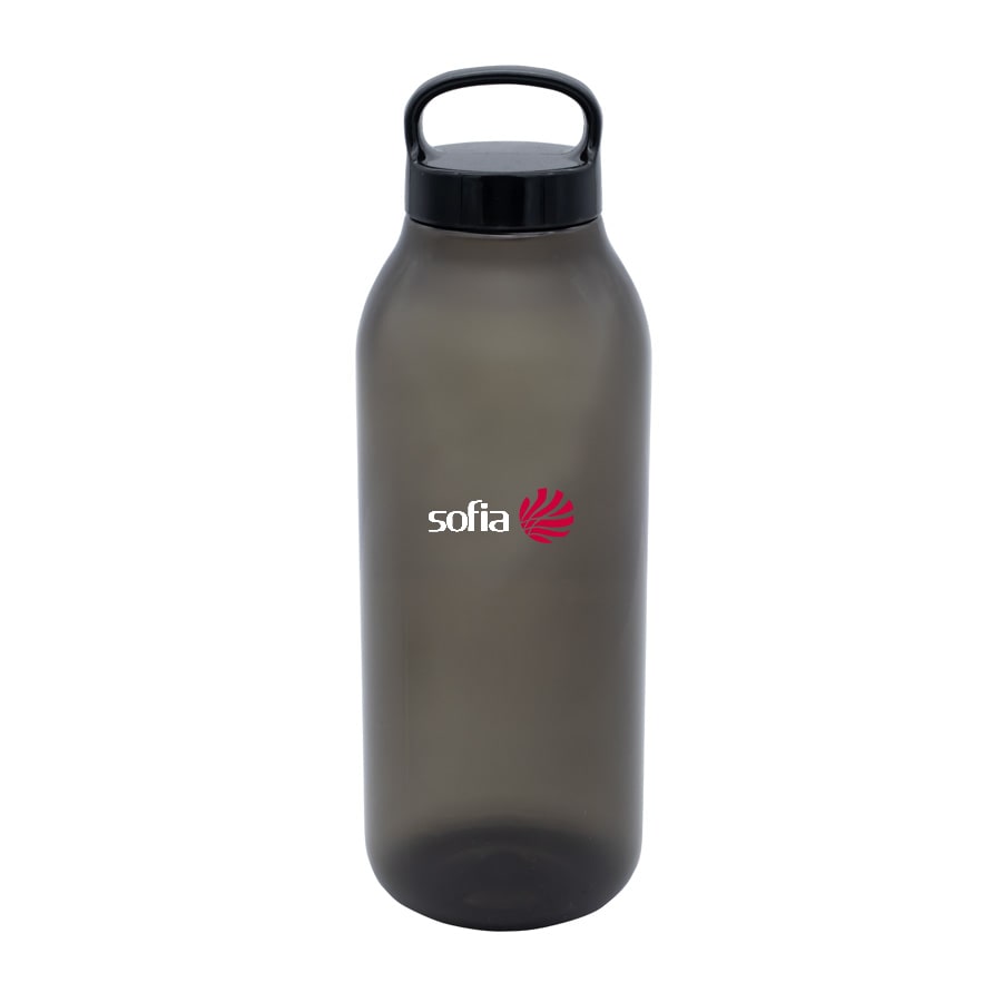 A drink bottle in a smoky grey colour with a black lid and a handle, featuring a logo on the front.