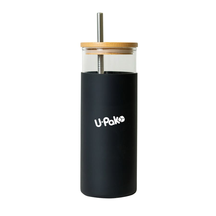 A drink bottle with a black body, bamboo lid, and stainless steel straw, featuring a logo on the front.