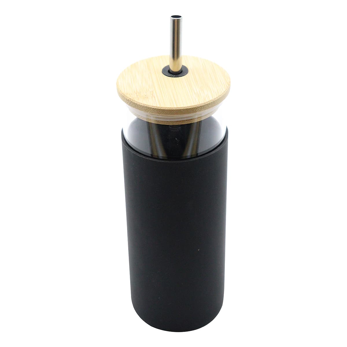 A drink bottle featuring a black plastic body, bamboo lid, and stainless steel straw. It has a logo.