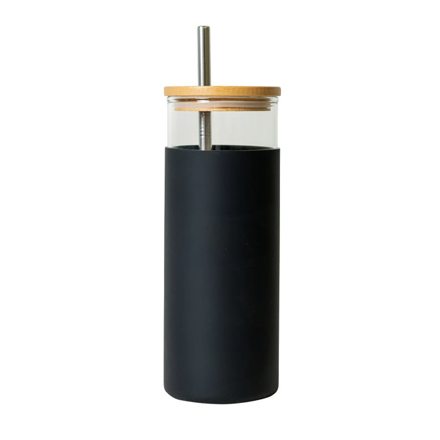 A drink bottle with a black exterior, glass body, bamboo lid, and stainless steel straw. It features a logo.