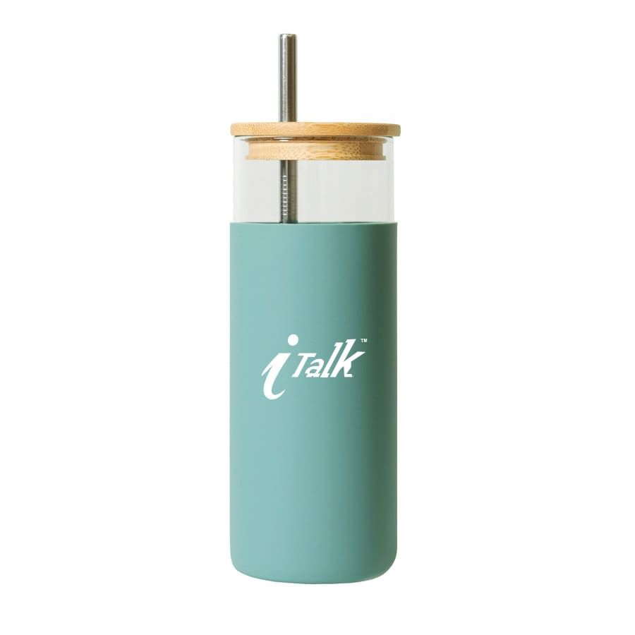 A drink bottle in matte green with a bamboo lid and glass body, featuring a logo.