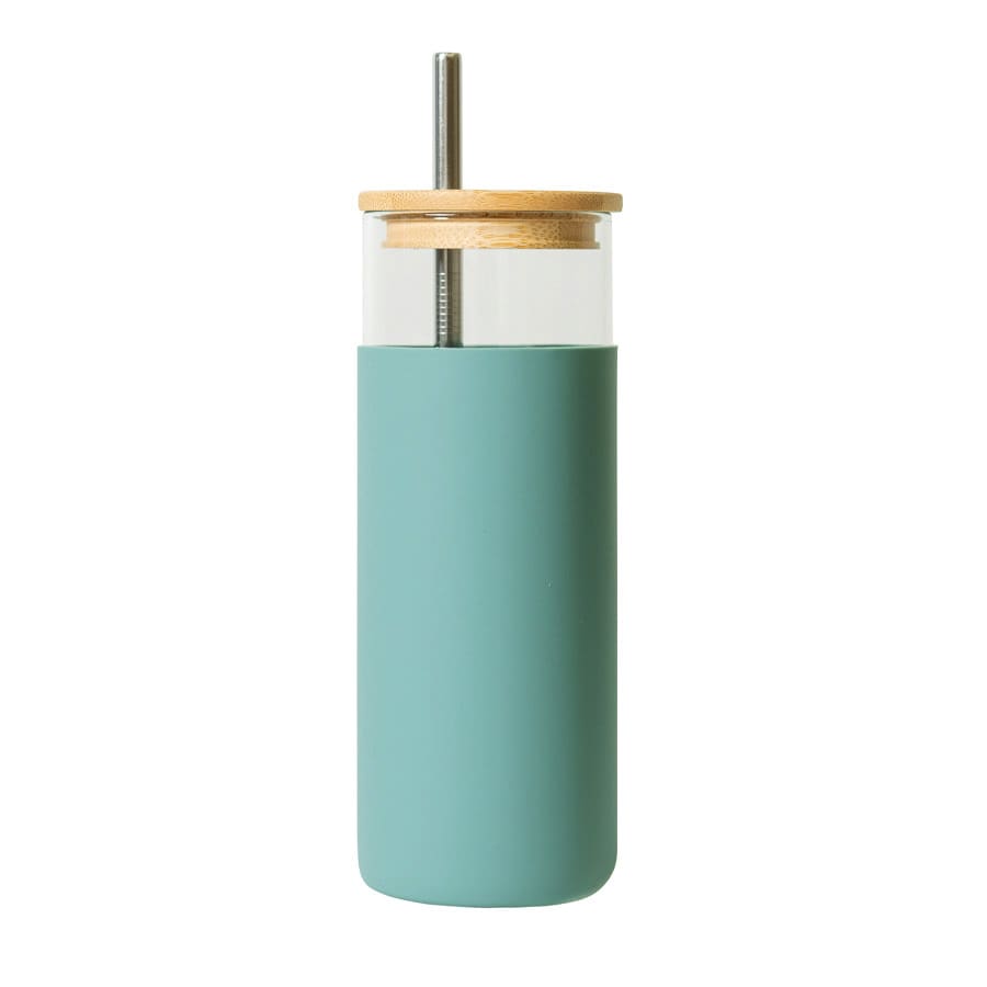 A drink bottle featuring a light green body, a wooden lid, and a stainless steel straw, with a logo present.
