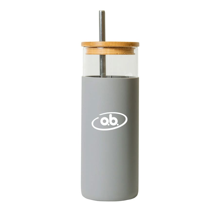 A drink bottle featuring a grey body, glass top, wooden lid, and a stainless steel straw, with a logo.