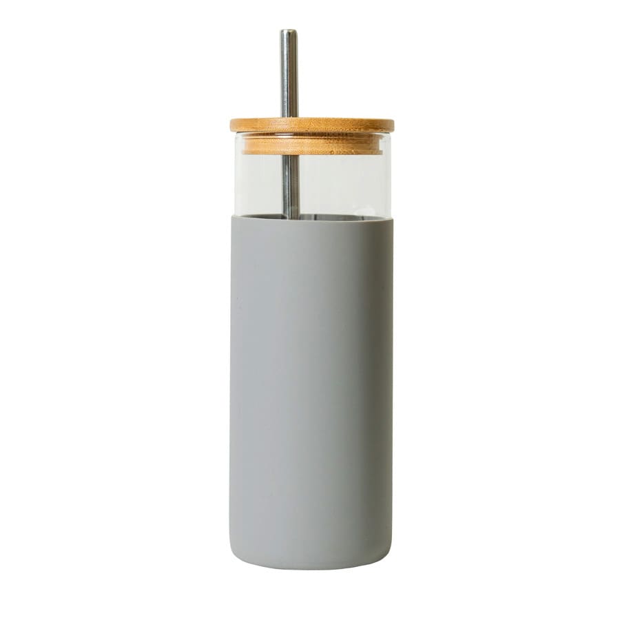A drink bottle featuring a grey body, a clear top, a bamboo lid, and a stainless steel straw.