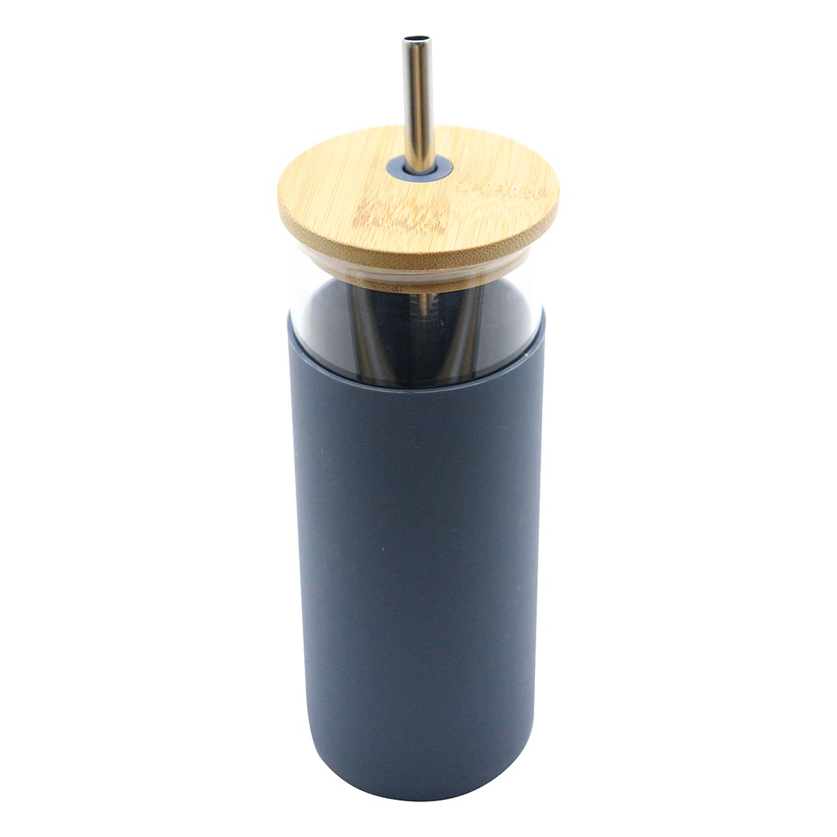 A drink bottle with a dark grey body, bamboo lid, and metal straw. It features a logo on the side.
