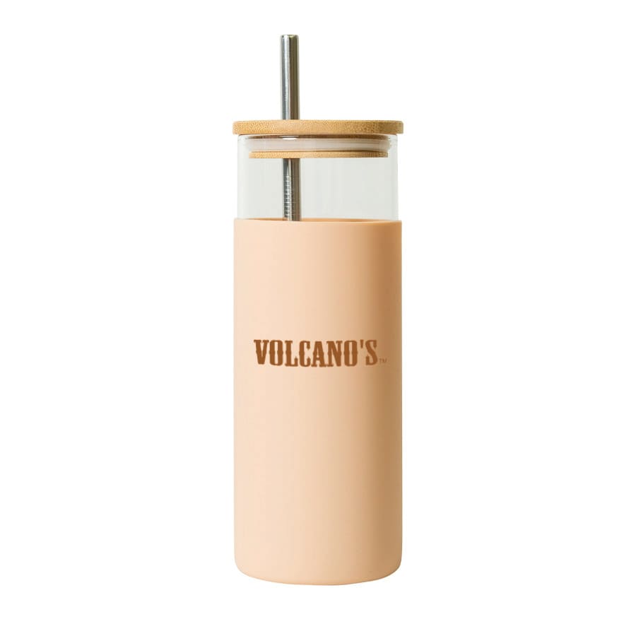 A drink bottle with a transparent body, peach-coloured silicone sleeve, and a bamboo lid, featuring a straw and a logo.