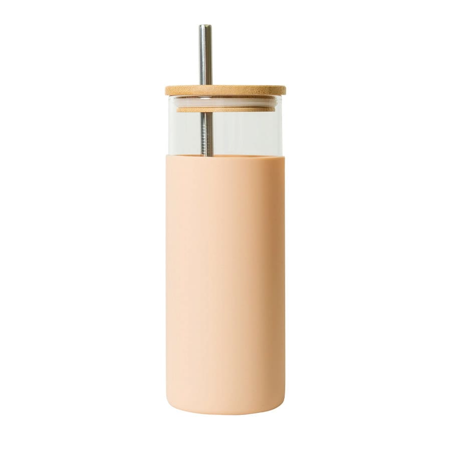 A drink bottle with a pink silicone exterior, glass body, metal straw, and wooden lid. It has a logo on the front.