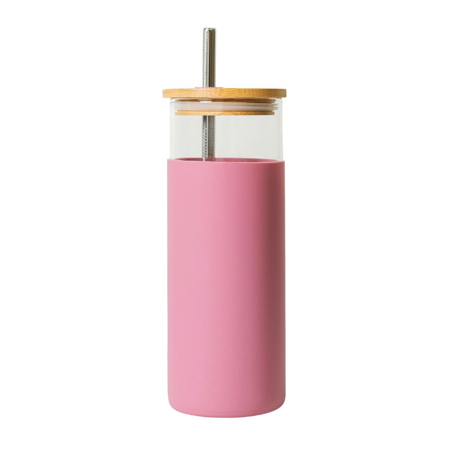 A drink bottle with a pink plastic body, bamboo lid, and stainless steel straw. Features a clear section with a logo.