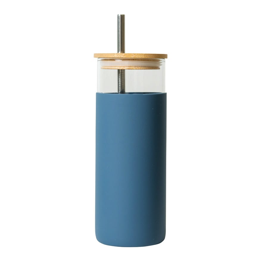 A drink bottle with a blue silicone exterior and a clear top, featuring a bamboo lid and a stainless steel straw.