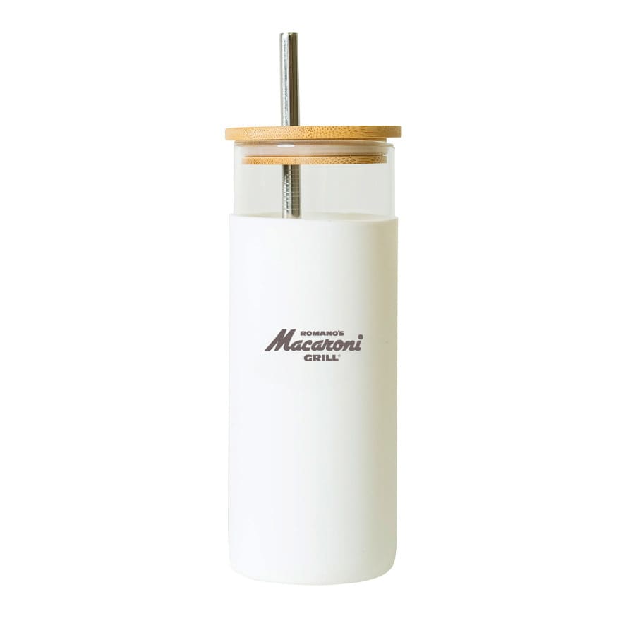 A drink bottle in white plastic featuring a bamboo lid and straw, with a logo on the front.
