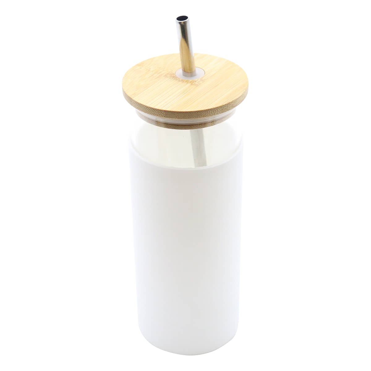 A drink bottle with a white body, bamboo lid, and metal straw, featuring a logo.