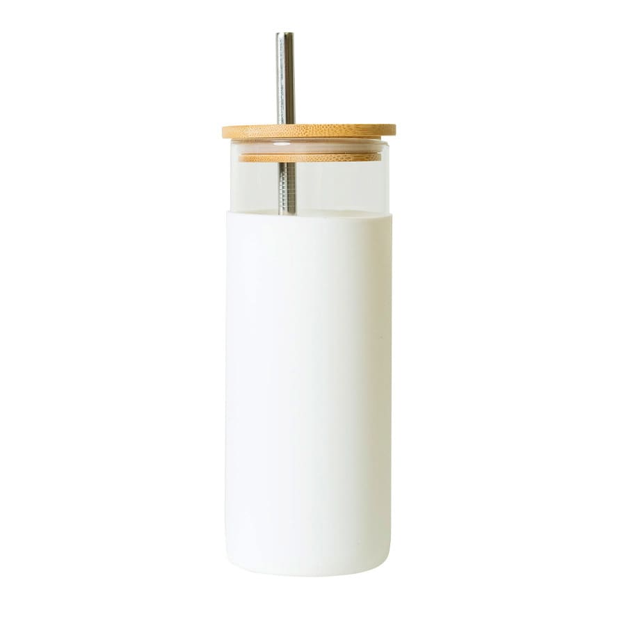 A drink bottle featuring a white plastic body, bamboo lid, and metal straw. It has a logo on the side.
