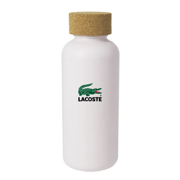 A drink bottle with a white body and cork lid, featuring a logo on the front.