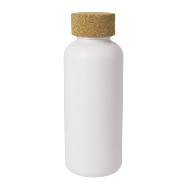A drink bottle in white with a cork lid, features a logo on the side.