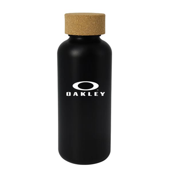A drink bottle with a sleek black finish and a cork lid, featuring a logo on the front.