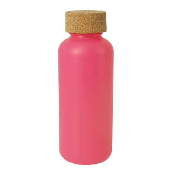 A drink bottle in bright pink with a cork lid and a simple contoured shape. It features a logo.