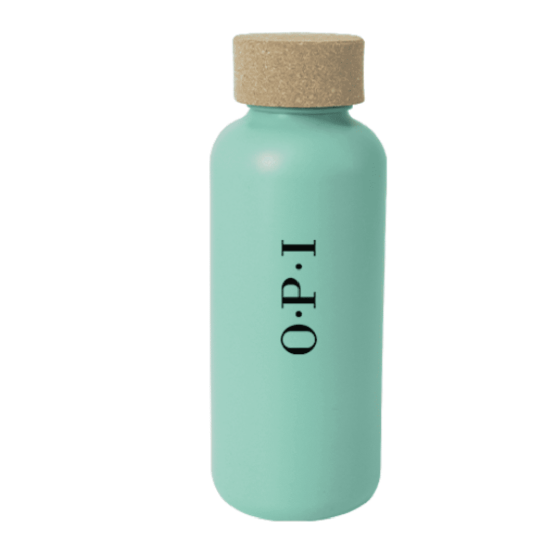 A drink bottle in mint green with a cork lid and a logo on the front.