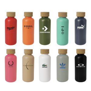 A drink bottle collection featuring various designs in colours like red, orange, green, black, and white, each with a cork lid.