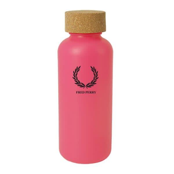 A drink bottle in pink with a cork lid and a logo on the front.