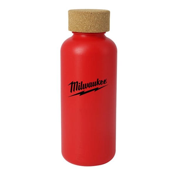 A drink bottle in vibrant red with a cork lid and a logo on the side.