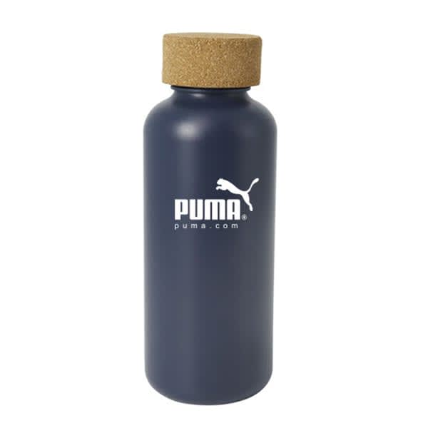 A drink bottle in matte navy, featuring a cork lid and a logo. Suitable for various beverages and stylish use.