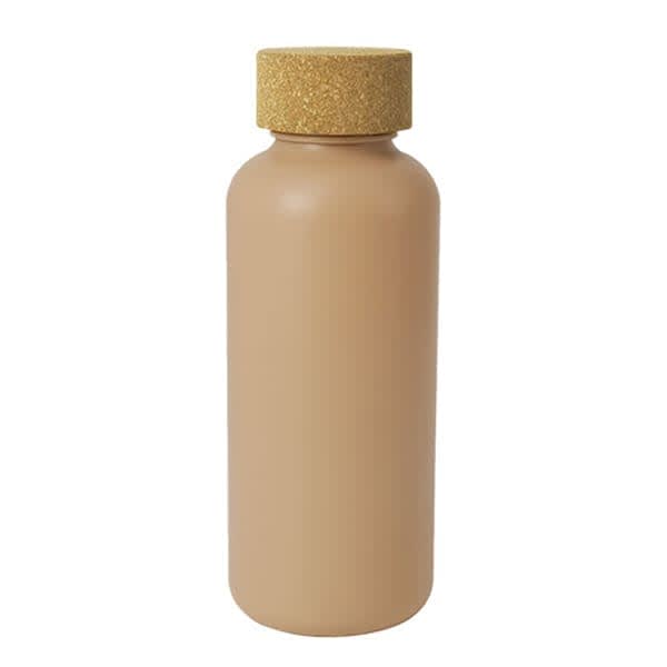 A drink bottle in tan with a cork-like gold lid and a simple design. It features a logo on the side.
