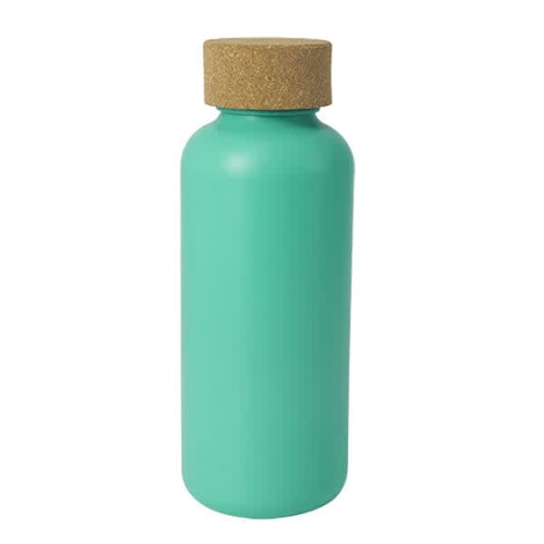 A drink bottle in a turquoise hue with a natural cork lid. It features a smooth, modern design and has a logo.