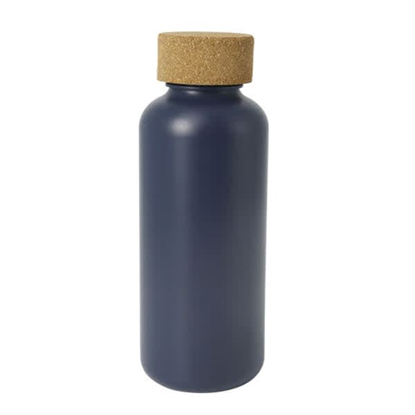 A drink bottle with a matte navy finish and a cork lid. It features a simple design and has a logo.