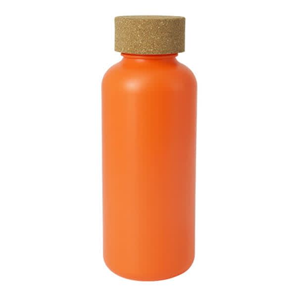 An orange drink bottle with a cork lid, featuring a simple design and a smooth finish.