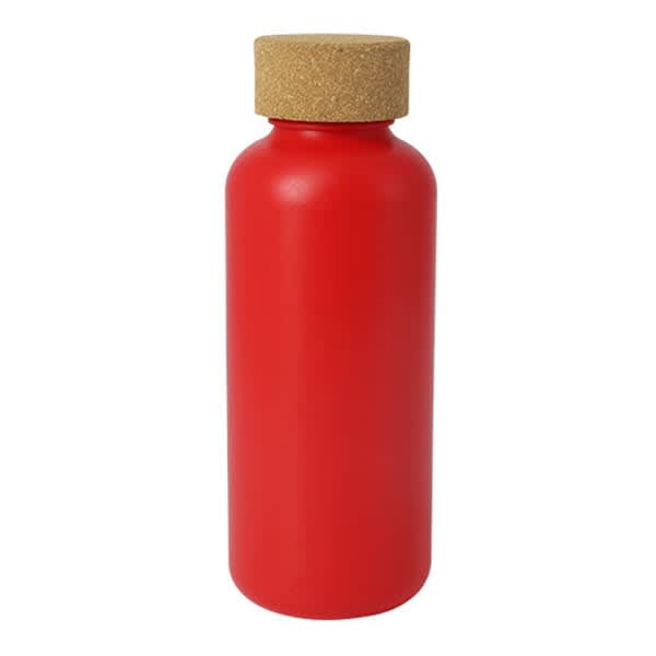 A drink bottle in bright red with a cork lid and a simple design. It features a logo.