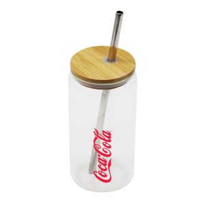A drink bottle with a clear body, bamboo lid, and metal straw, featuring a logo.