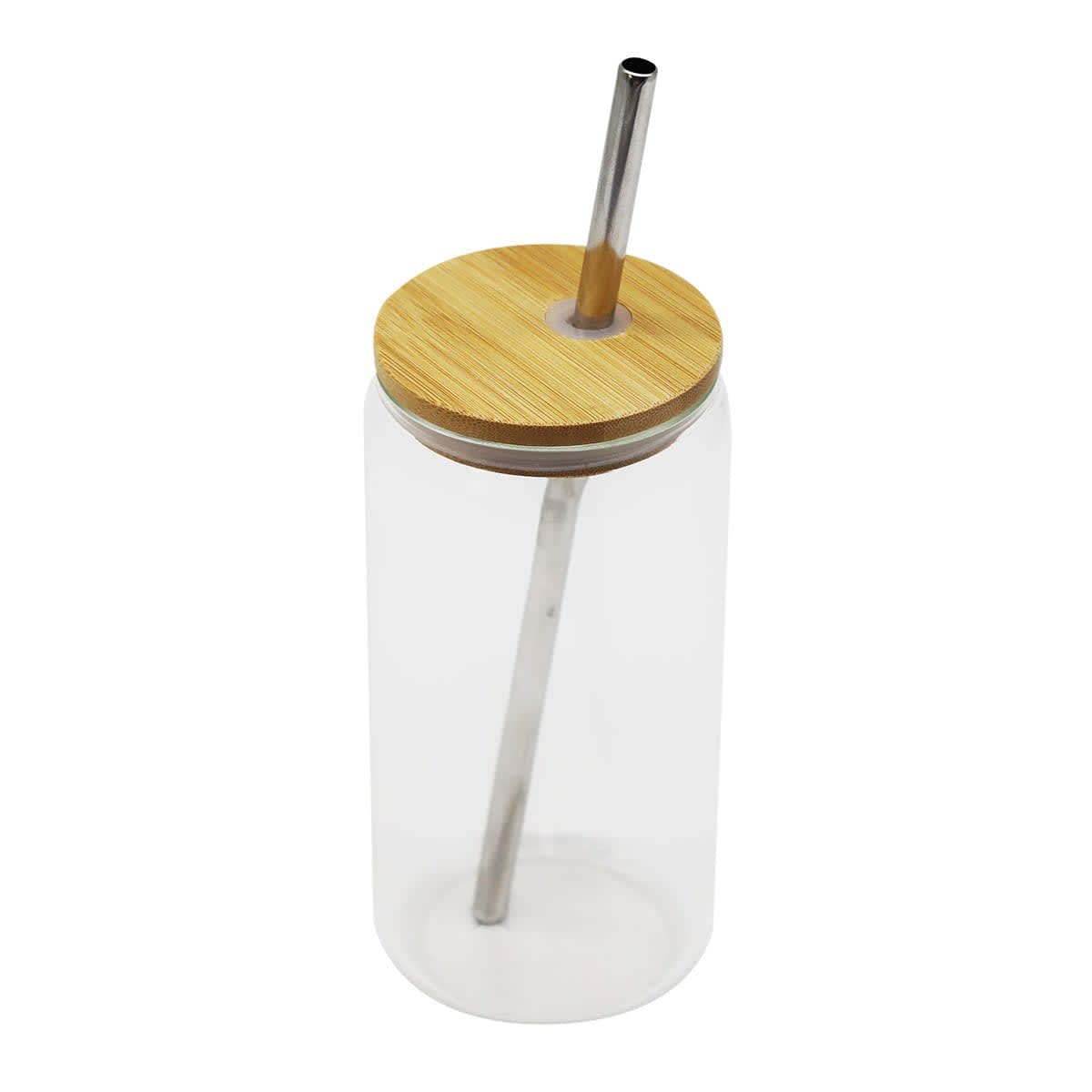 A drink bottle with a transparent body, a bamboo lid, and a stainless steel straw. It features a branding logo.