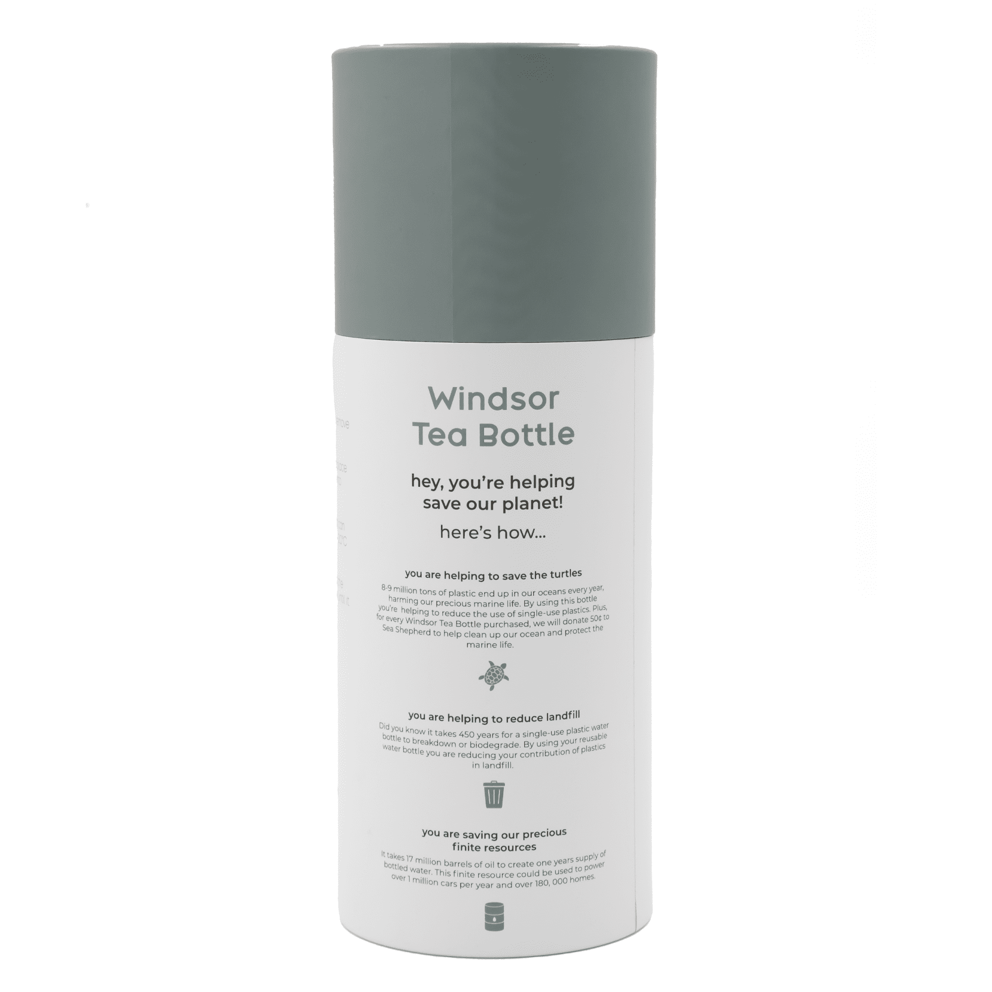 A drink bottle with a grey lid and white body, featuring a branding logo and text about environmental benefits.