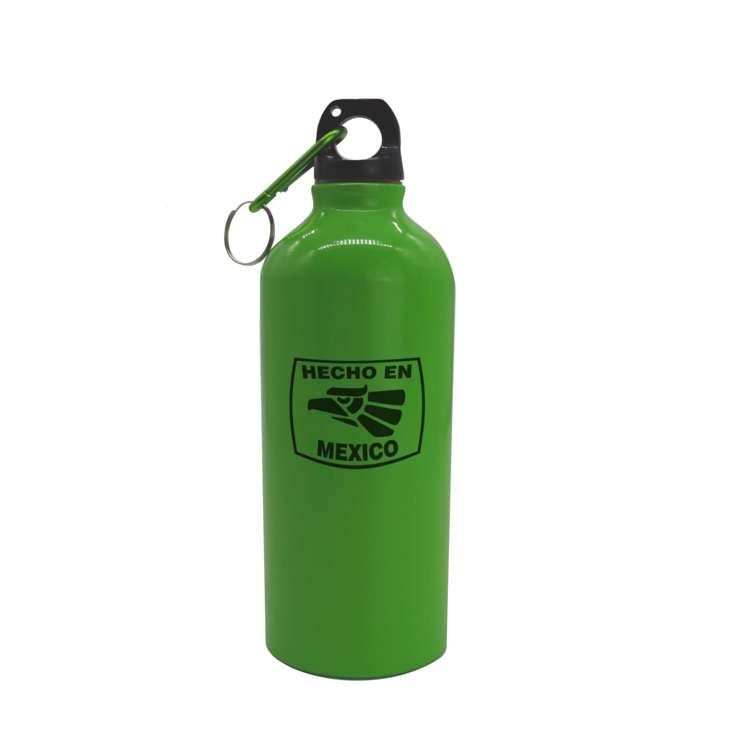 A drink bottle with a vibrant green finish, featuring a black logo and a clip for easy attachment.