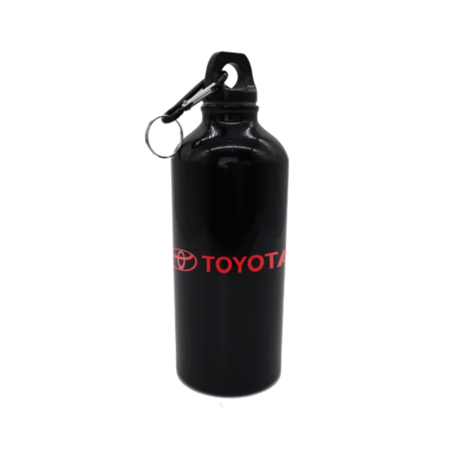 A drink bottle in glossy black with a clip and a logo, featuring a capacity of 600ml.
