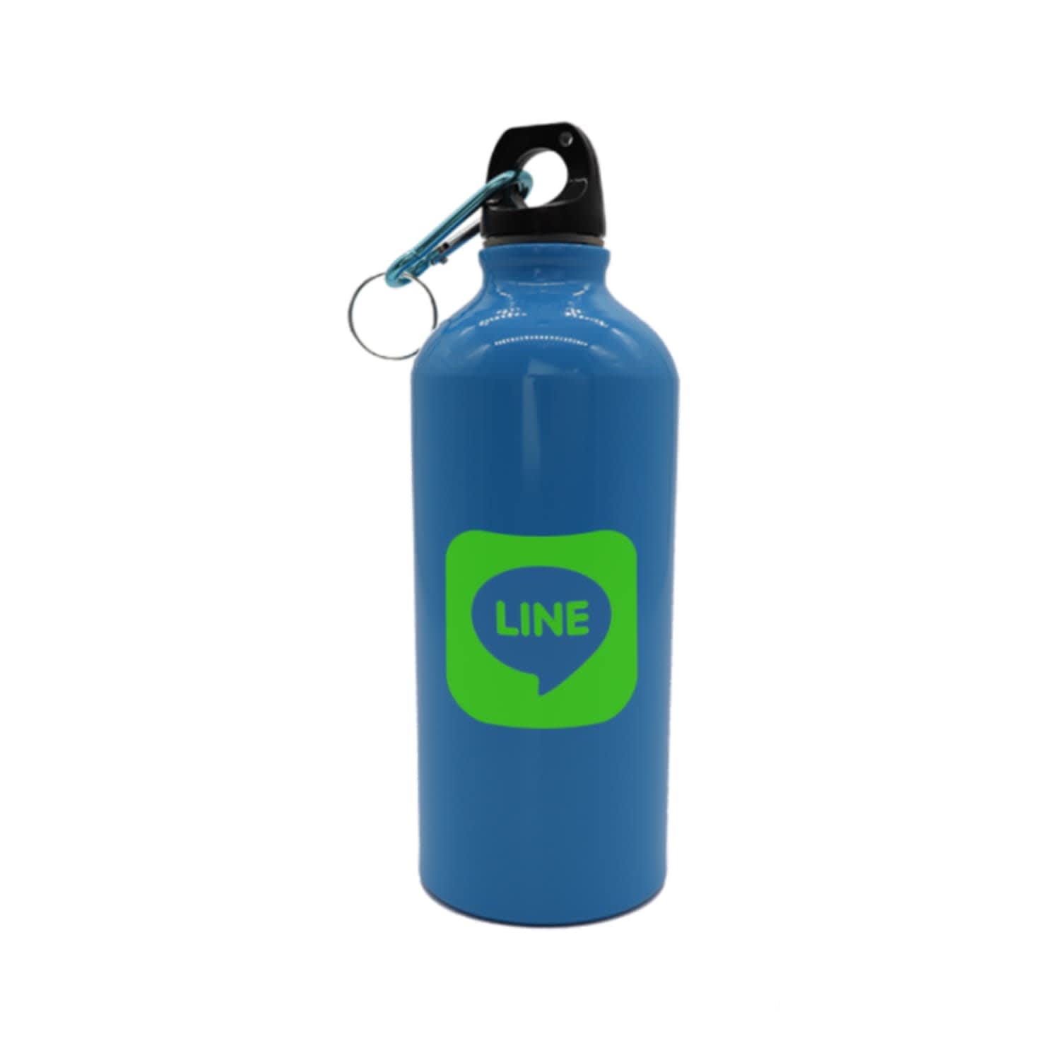 A drink bottle in bright blue with a black lid and a carabiner, featuring a green logo.