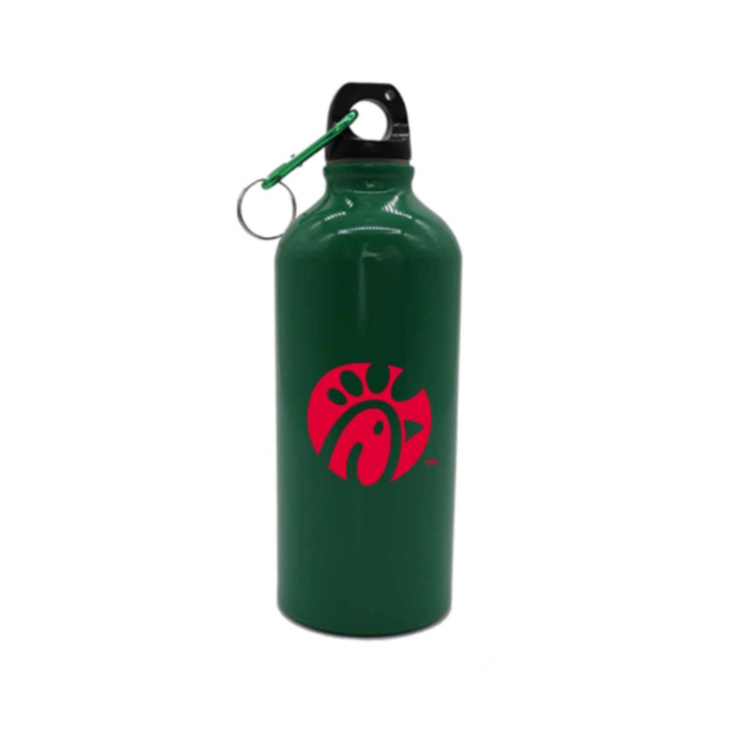 A drink bottle in green with a black cap and a logo in red, featuring a loop for attachment.