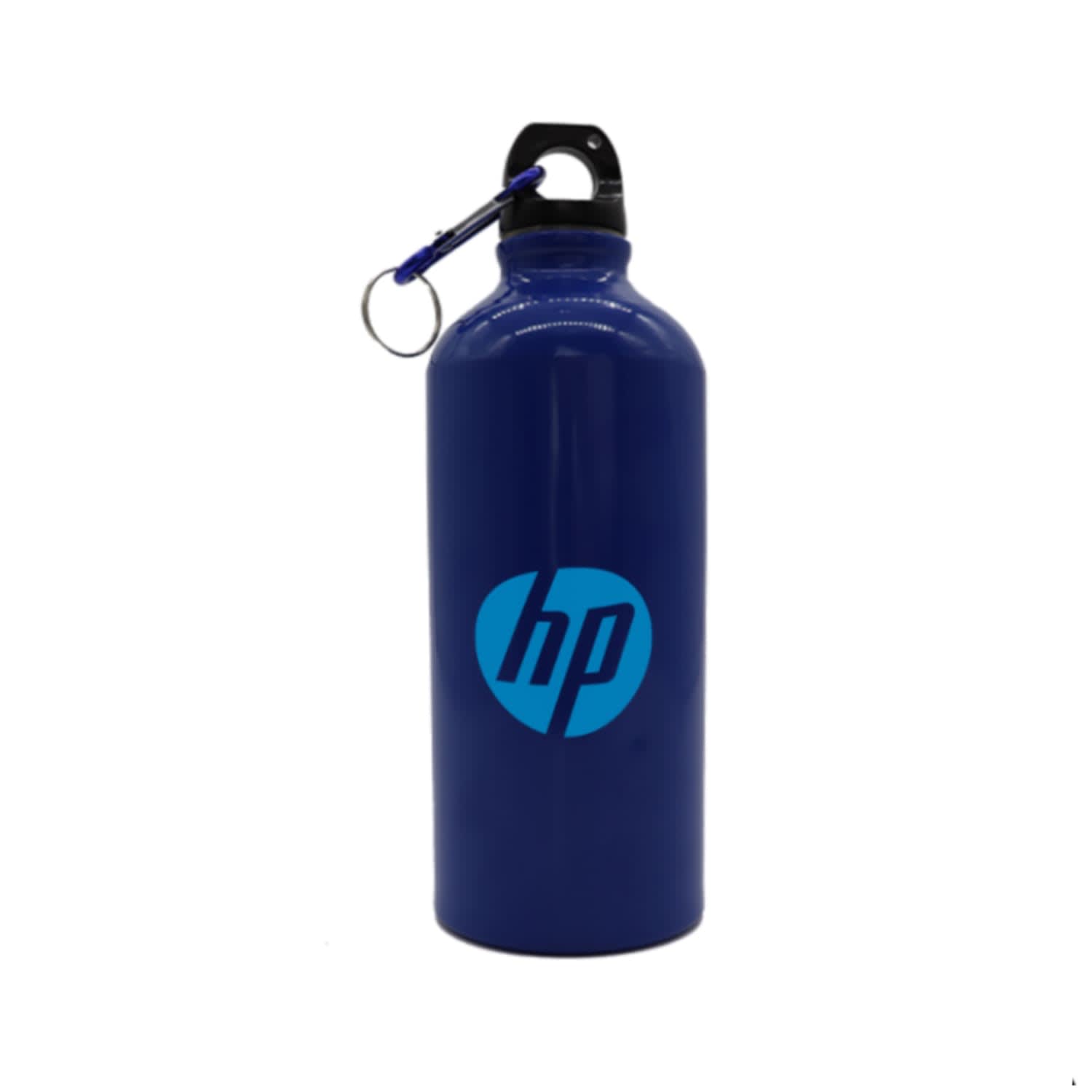 A drink bottle in navy blue with a black lid and a keyring attachment, featuring a logo.