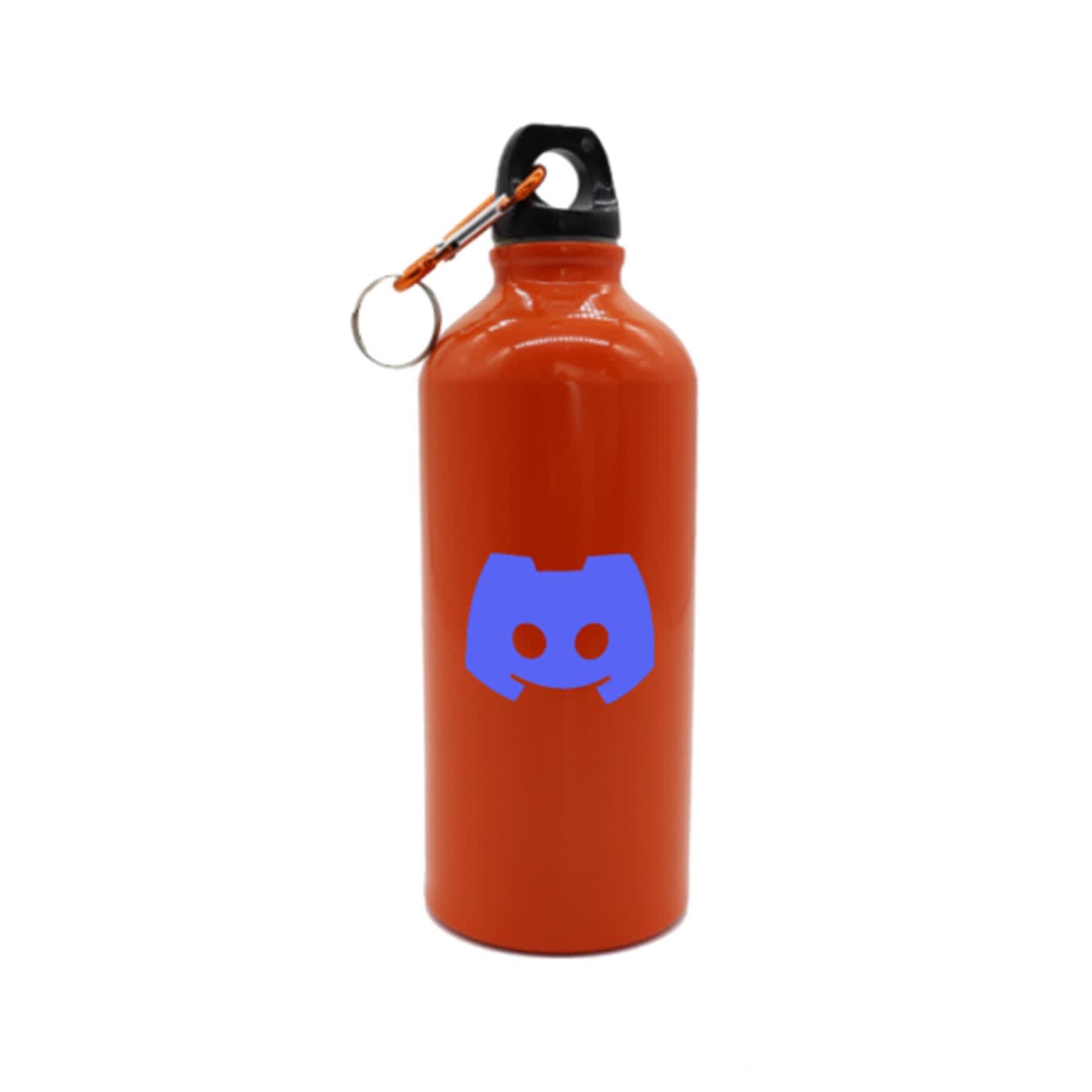 A drink bottle with a sleek orange finish and a black cap, featuring a logo on its side.