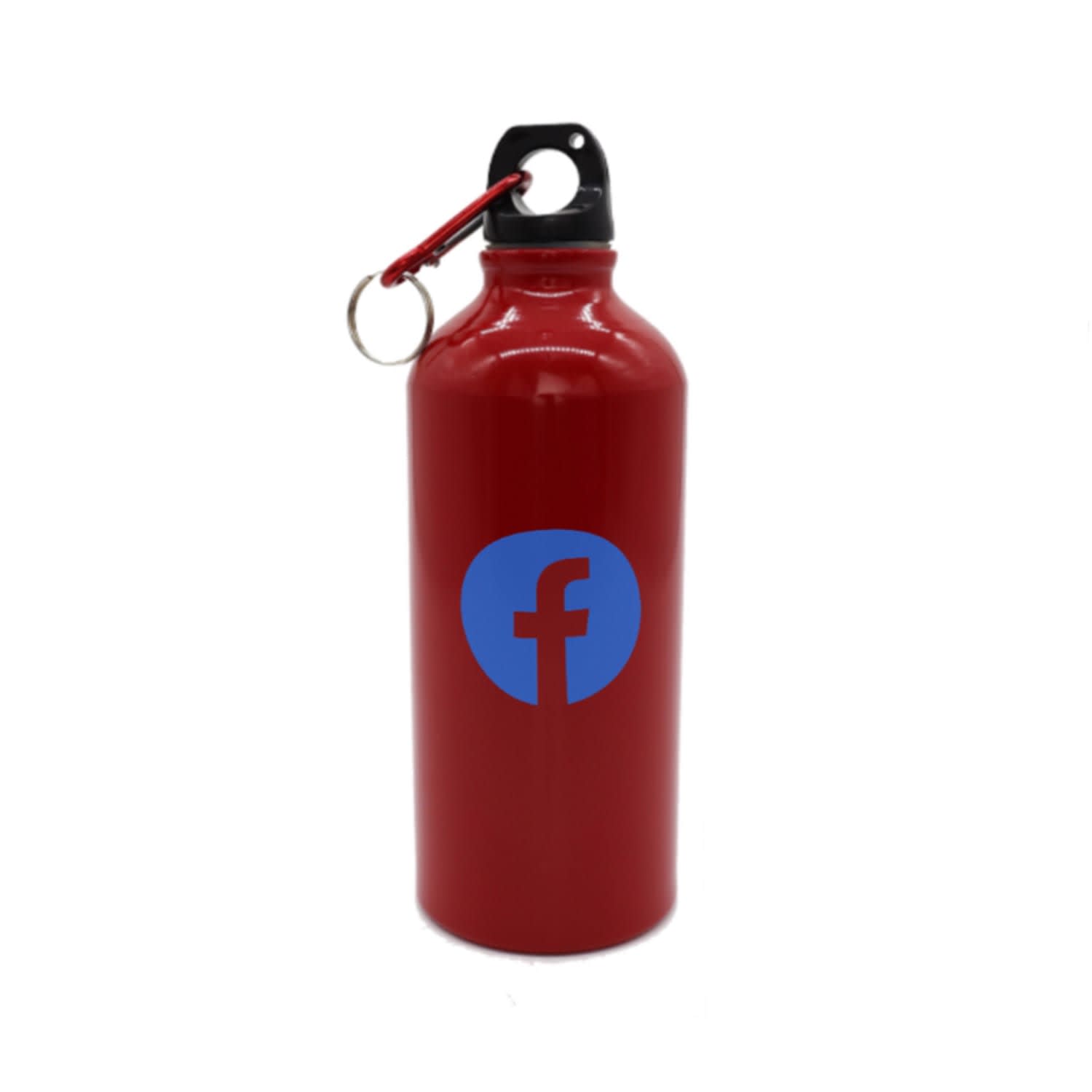A drink bottle featuring a red exterior and a logo in blue. It has a carrying clip on the lid.