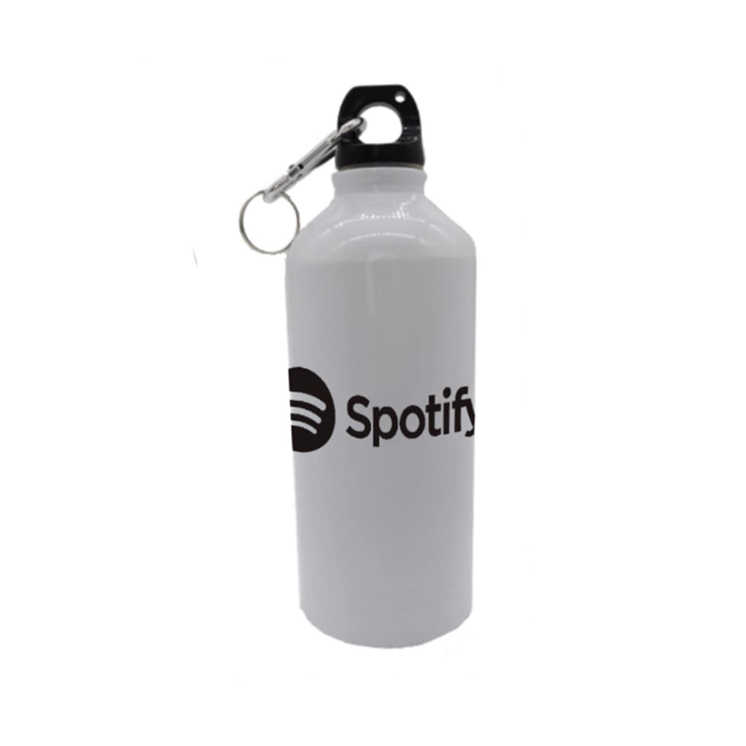 A drink bottle in white featuring a black logo and a metal keyring attachment.