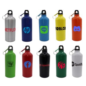 A drink bottle collection featuring various colours: silver, blue, yellow, orange, green, red, black, and a logo on each.